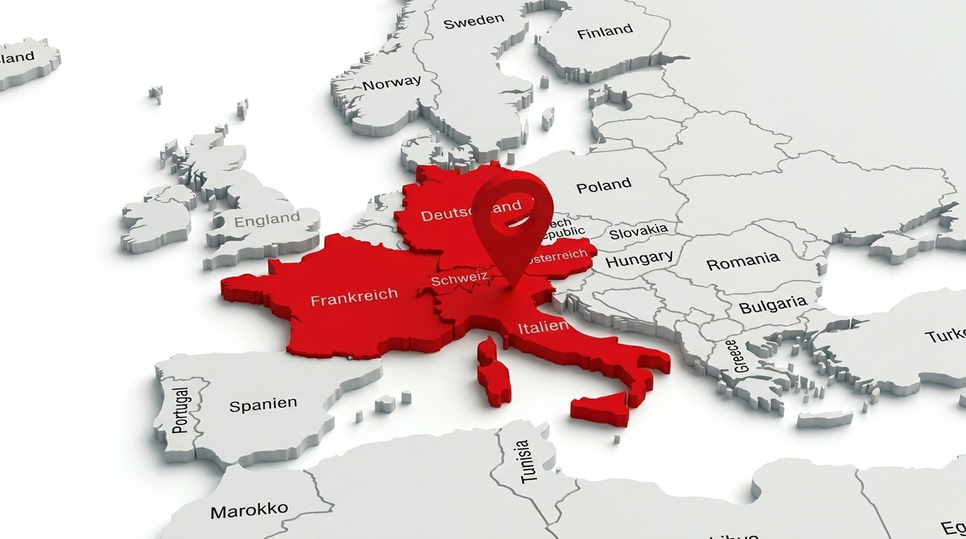Dreidimensionale Karte von Westeuropa und Nordafrika mit Ala, Trentino, als Werkstandort sowie Kunden in Italien, Österreich, Deutschland, der Schweiz und Frankreich.